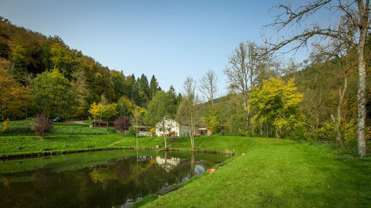 Ein malerischer Fluss fließt durch eine grüne Landschaft. Am Ufer steht eine Angelrute auf einem Stein.