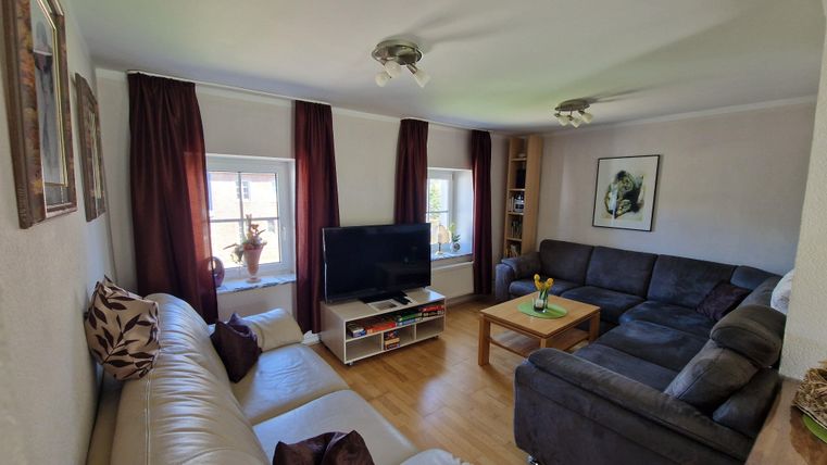 Ein gemütliches Wohnzimmer mit zwei Sofas, einem Fernseher und einem Holztisch. Helle Fenster sorgen für eine einladende Atmosphäre.