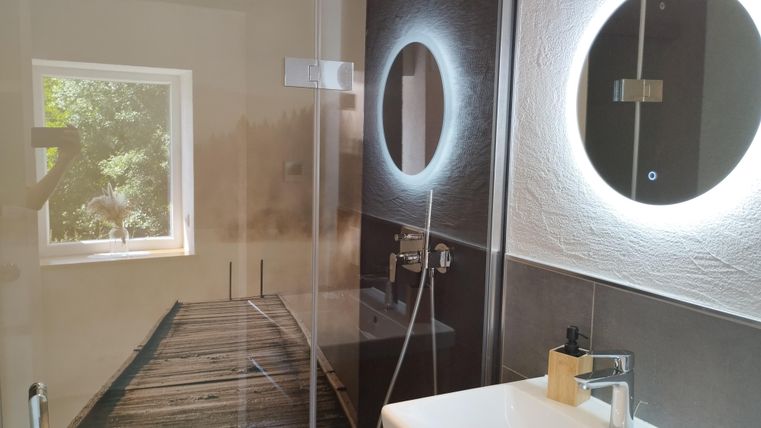 Ein modernes Badezimmer mit einer Duschkabine und einem großen Spiegel. Durch das Fenster fällt Tageslicht und es gibt eine harmonische Farbauswahl.