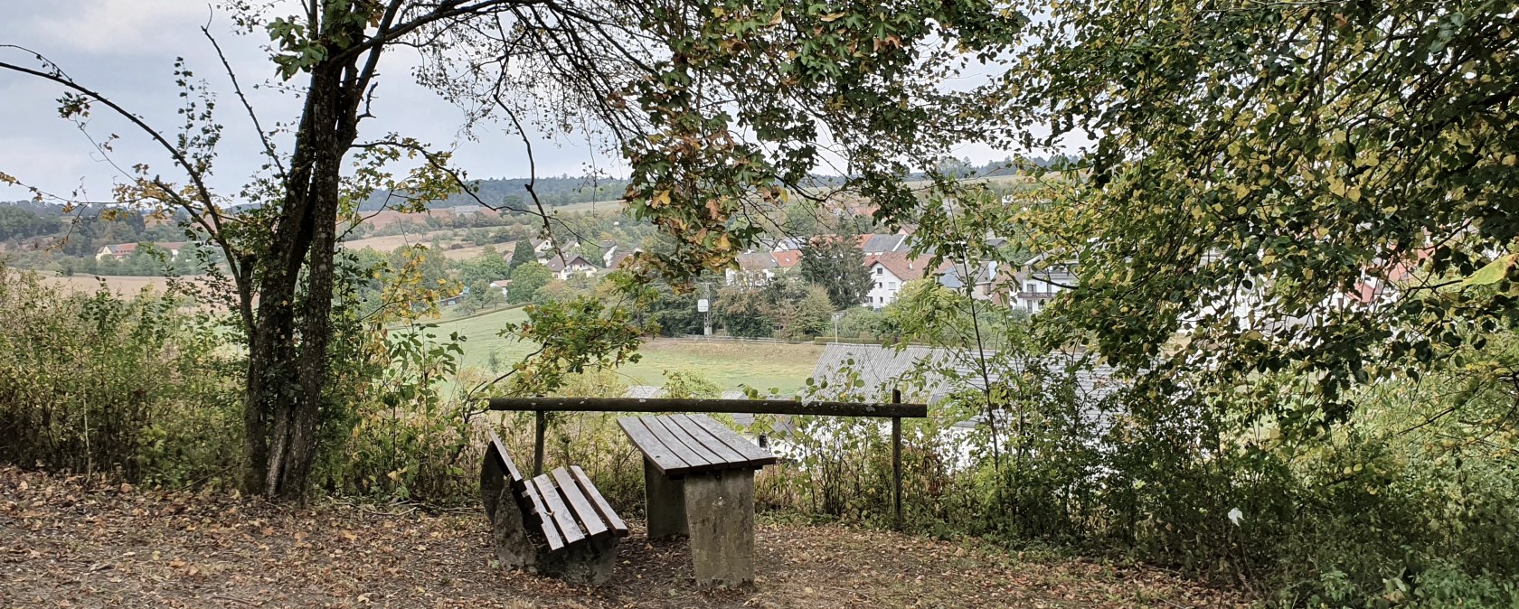 Eine Holzbank unter einem Baum bietet einen Blick auf das Dorf Gransdorf in einer grünen, hügeligen Landschaft., © TI BItburger Land - Steffi Wagner